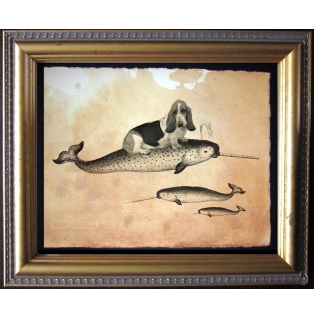 Basset Hound Riding Narwhal Art Print Tea Stained